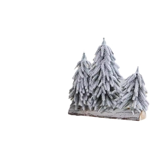 Three-piece frosted mini Christmas trees on wooden bases for festive tabletop decor