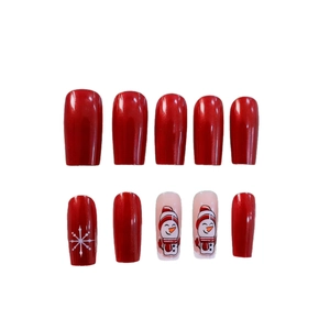 Christmas press-on nails featuring red metallic finish with snowman and snowflake art