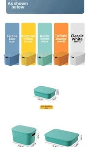 Detailed size chart for stackable plastic storage boxes with lids in multiple colors