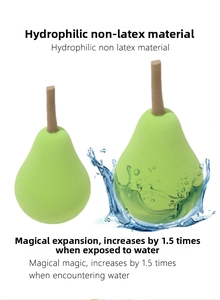 Pear shaped makeup sponge showing 1.5x expansion in size from dry to wet state