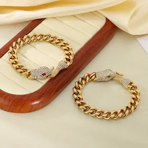 Snake Head Cuban Chain Bracelet Gold Plated Stainless Steel Paved Zircon Fashion Animal Jewelry Women