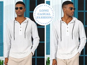 Detail of white long sleeve hooded linen shirt with black drawstrings and three-button placket