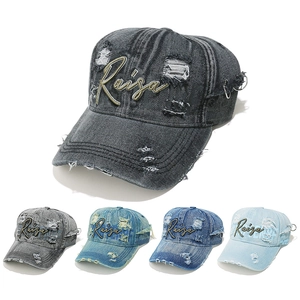 Washed Denim Baseball Cap Distressed Ripped Peaked Hat With Metal Rings Letter Embroidery Streetwear Unisex