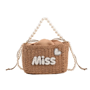 Straw woven handbag with pearl handle and MISS letter heart pattern for beach summer use