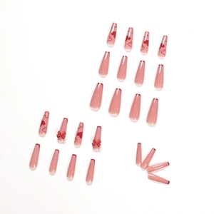Pink coffin press-on nails with red heart patterns and 3D bow decorations for women