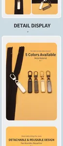 Detailed view of detachable metal zipper puller set in five versatile metallic finishes