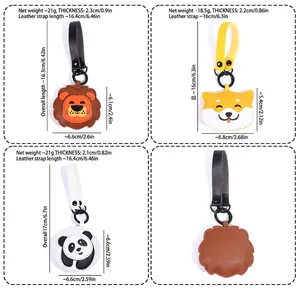 Four cartoon animal leather keychains with dimensions and weight specs on white background