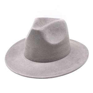 Detail shot of the wide brim and stitching on the grey faux suede fedora hat