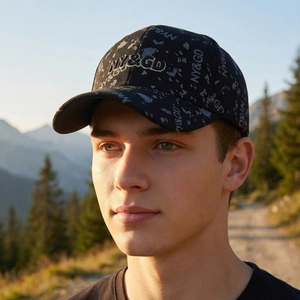 Casquette de baseball noire avec lettres brodées et imprimé intégral élégant pour sport