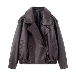 Women's dark brown faux leather jacket with large lapels and double-breasted closure