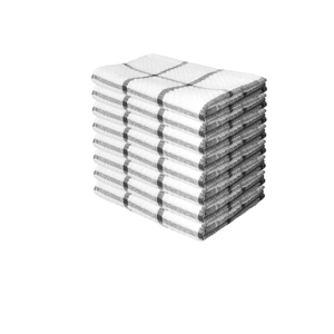 Stack of 12 white cotton waffle weave kitchen towels with grey checkered pattern detail
