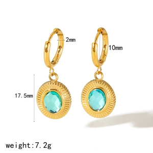 Retro stainless steel oval zircon earrings with sunburst design and size measurements