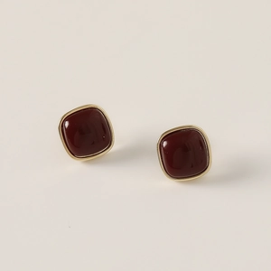 Minimalist square geometric stud earrings with wine red gemstone and gold plated base