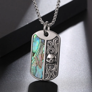 Men's titanium steel military tag necklace with shell inlay and skull design detail