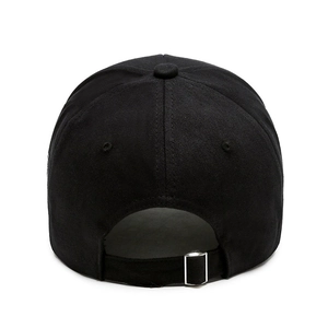 Black cotton baseball cap back view showing adjustable silver metal buckle on white background