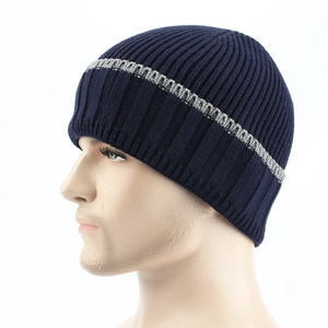 Detail of navy knit beanie with ribbed texture and grey striped pattern on head model