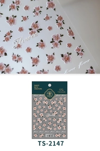 Macro detail of 3D embossed pink cherry blossom nail stickers with packaging TS-2147