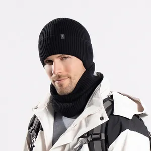 Winter thermal knitted beanie and neck warmer set with ribbed fleece lining for men