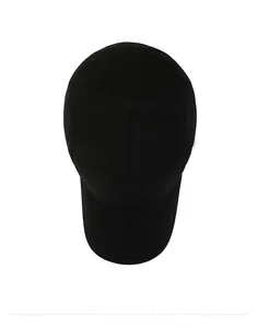 Top down view of black cotton baseball cap showing six-panel stitching and twill texture