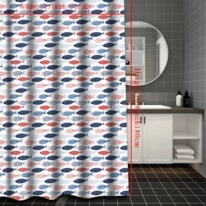 Size detail of fish pattern shower curtain, 90cm wide by 180cm high for small bathrooms