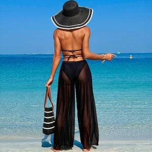 Rear view of woman in black bikini and sheer wide-leg pants on a sunny beach setting