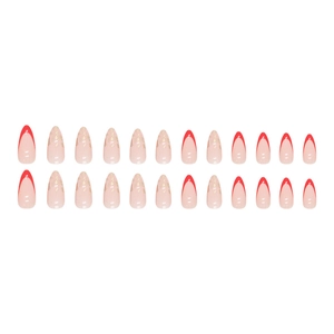 Almond shaped press-on nails with red French tips and gold foil accents in a 24-piece set