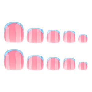 Pink and blue French style press-on toenails with vertical stripe design, 10 piece set