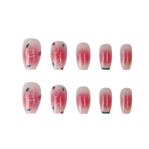 Pink gradient press-on nails with hand-painted floral art and delicate gold foil accents