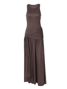 Robe sans manches marron foncé avec nœud à la taille et ourlet drapé à volants chic