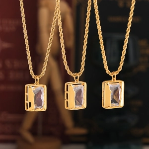 Golden twist chain necklace with rectangular zircon pendant shown in three vertical rows