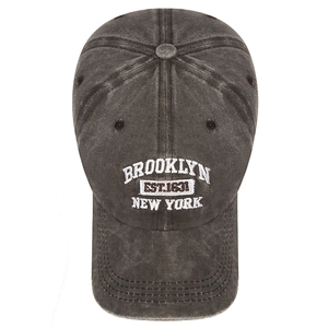 Vintage washed charcoal baseball cap with Brooklyn New York embroidery on white background