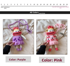 Side-by-side view of purple and pink handmade crochet sausage mouth doll phone bags