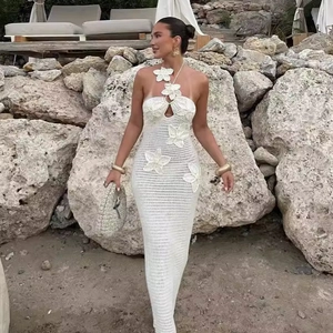 White halter neck crochet maxi dress with floral appliques for summer beach vacations