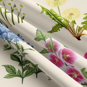 Macro shot of floral tapestry fabric with vintage botanical print and fine woven texture