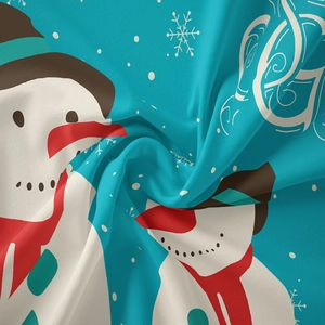 Detail view of winter snowman tapestry fabric texture with soft cyan blue spiral folds