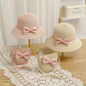 Sweet straw sun hat and matching crossbody bag set with polka dot bows for kids