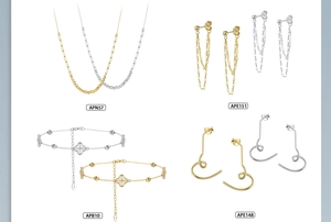 Detailed grid of S925 sterling silver four-leaf clover necklaces and earrings in gold and silver
