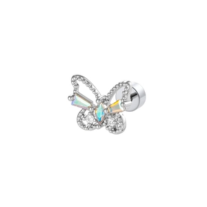 Exquisite silver butterfly stud earring with sparkling zircons on white background