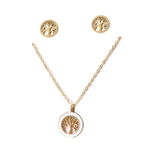 18K gold plated stainless steel Tree of Life jewelry set with white enamel necklace and earrings