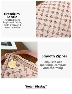 Detailed view of pink textured leather with floral print and smooth gold zipper hardware