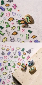 Detail of 5D embossed cartoon dinosaur nail art stickers with colorful hearts