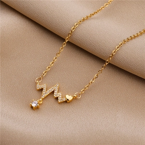 Elegant heartbeat pendant necklace in gold finish with micro-inlaid zircon details