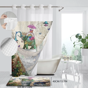 Detail of waffle weave shower curtain with floral elephant print and matching bath mat set