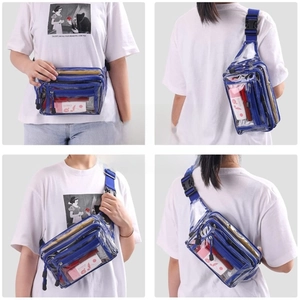 Detail of transparent PVC waist bag showing adjustable 20 to 53 inch blue strap and buckle