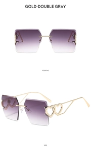 Macro detail of rimless square sunglasses with gold metal heart-shaped temple hinges