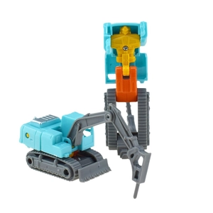 Macro detail of transformable excavator toy showing vehicle and robot modes in blue