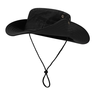 Black outdoor sun hat with wide brim, breathable vents and adjustable chin strap