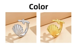 Detailed comparison of starfish and shell open rings in polished gold and silver finishes