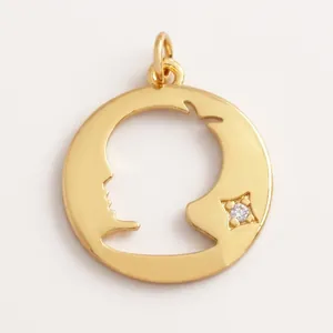 Detail view of a 20mm round gold pendant with cutout silhouette and white zircon inlay
