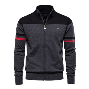 Gilet en maille zippé pour homme avec patchwork gris et noir et rayures rouges